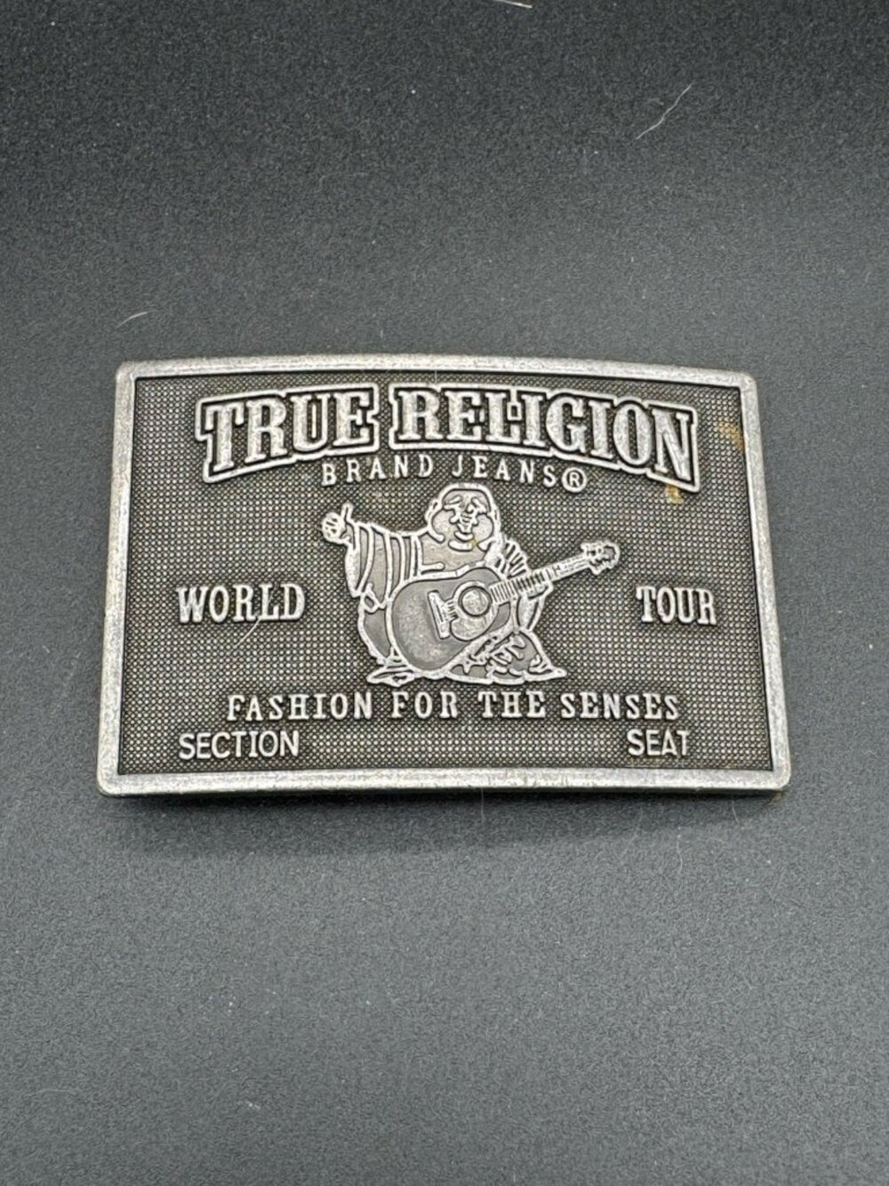 True Religion "World Tour" metal plaque belt buckle